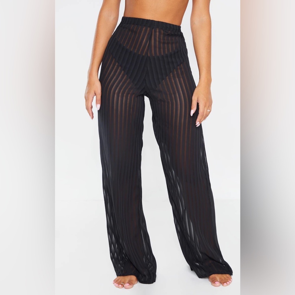 NWT - Black Sheer Stripe Wide Leg Beach Pants - PLT - Medium